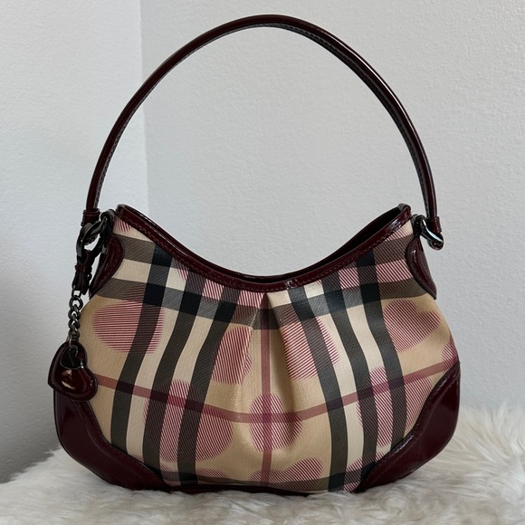 💯Authentic Burberry Plaid Hobo Bag - Burgundy and Cream🍀 - Picture 1 of 14